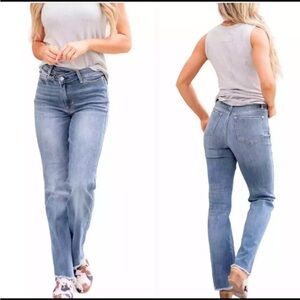 Judy Blue Cross Over Dad Straight Jeans Jb82455md Womens Size 5/27 Raw Hem EUC